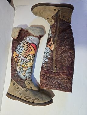 Ed Hardy Suede Shearling-Lined Eagle Graphic Knee Boots - Red, Tan, Cream